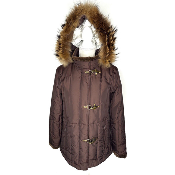 Dana Buchman Brown Down Filled Puffer Jacket Genuine Fur Lined Hooded Size Small - Picture 1 of 15